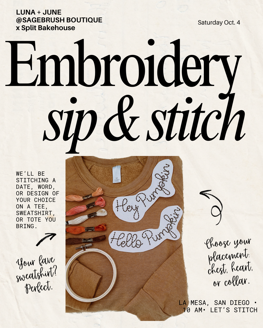San Diego In-Person Hand Embroidery Workshop: October Sip & Stitch